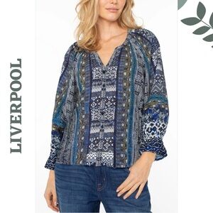 Liverpool LA Blue Tribal Print Blouse Small NWT